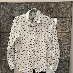 Zara White Button-Down Shirt with Black Bow Pattern